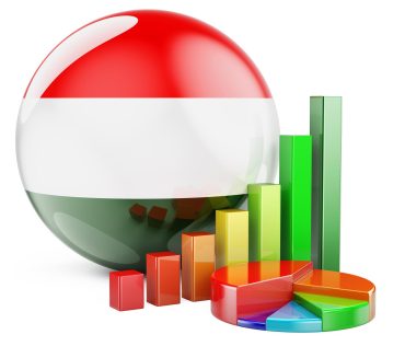 Hungarian flag with growth bar graph and pie chart Business finance economic statistics in Hungary concept 3D rendering