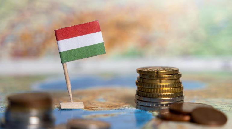 hungarian flag with stacked coins on world map representing national economy financial development and international economic connections